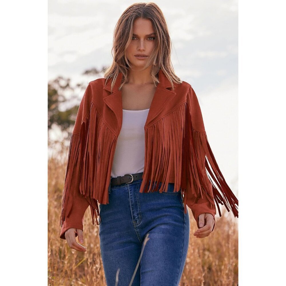 🆕Women's Brick Red Fringe Faux Suede Leather Jacket Tassel Cropped Fall  Coat - Picture 5 of 9